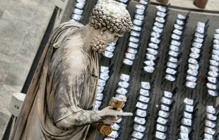 The statue of St. Peter at the square named for him in the Vatican. Credit: Stephen Driscoll/CNA