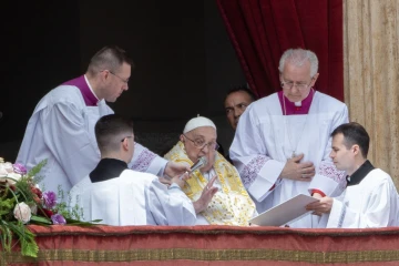 Pope Francis speaks the Easter blessing "urbi et orbi" from the central loggia of St. Peter's Basilica, April 20, 2025.