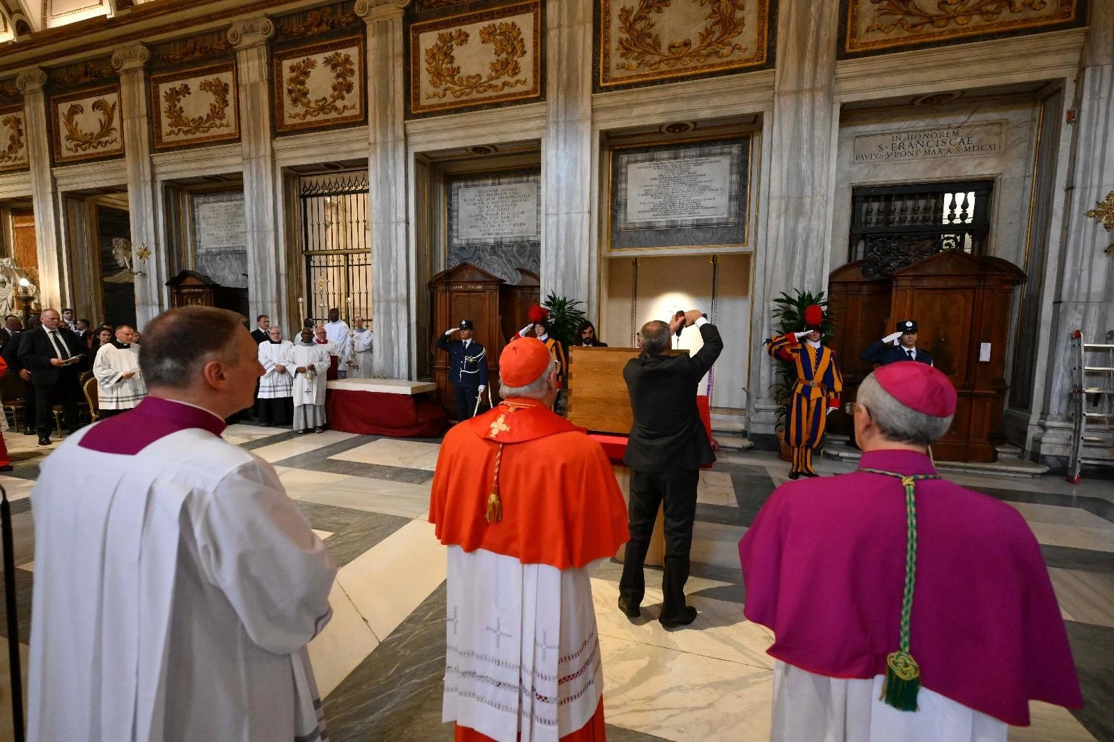 Prelates watch as Vatican officials prepare Pope Francis' tomb in the Basilica of Saint Mary Major on Saturday, April 26, 2025. | Credit: Vatican Media
