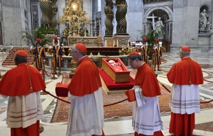 Cardinals process past Pope Francis’ body in St. Peter’s Basilica on Wednesday, April 23, 2025. Credit: Vatican Media